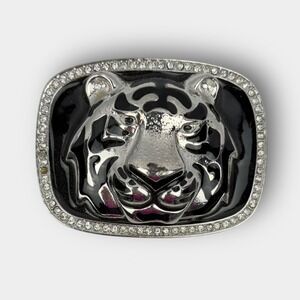 VTG Rhinestone Tiger Head Belt Buckle Silver Black damaged Animal